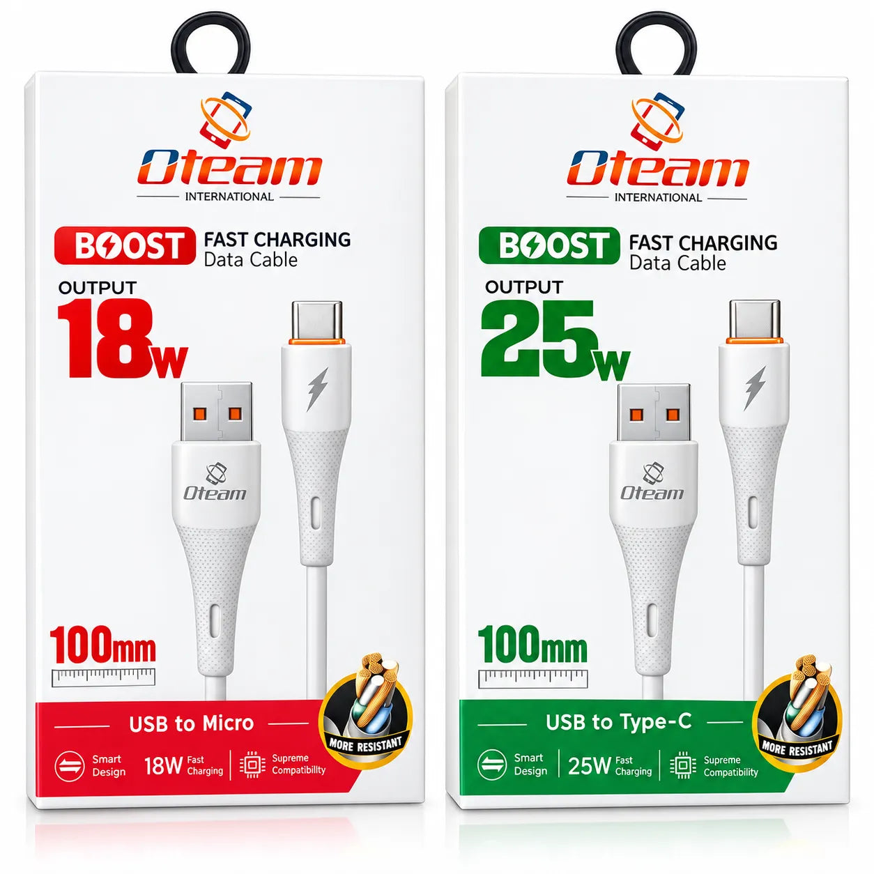 Oteam Boost 2 in 1 Fast Charging Cable Bundle 18W USB Micro 25W USB Type-C 100mm White