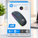 HP W10 Bluetooth and Wireless Mouse retail packaging box, featuring a dark gray mouse with RGB lighting on a white background with blue borders.
