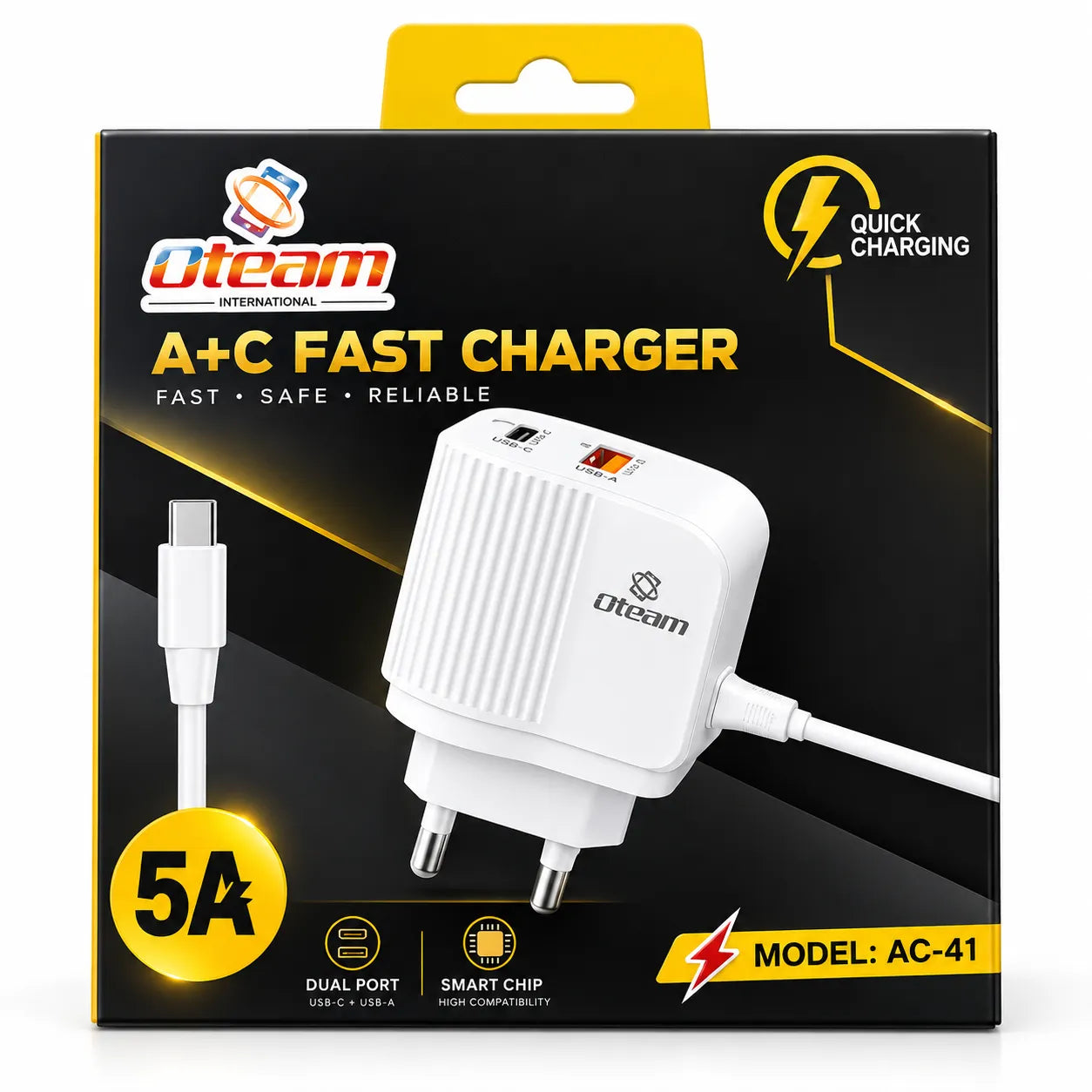 Oteam AC-41 A+C 5A Dual Port Fast Charger with USB-C cable – product packaging