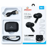 Oteam wireless headset Pro 2 packaging and contents, featuring the retail box alongside the open tray holding the black earbuds, charging case, USB cable, and wired earpiece on a white background.
