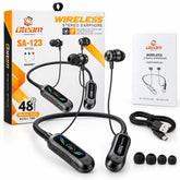 Oteam wireless stereo earphone set including a neckband-style pair of black in-ear headphones, a USB charging cable, multiple black ear tips, and retail packaging with a user manual on a white background.