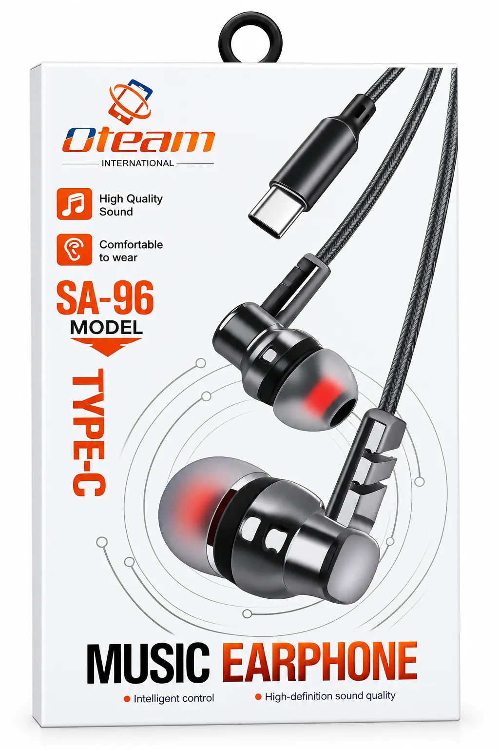 Oteam SA-96 Type-C Music Earphone High Definition Sound Intelligent Control Black Braided Cable