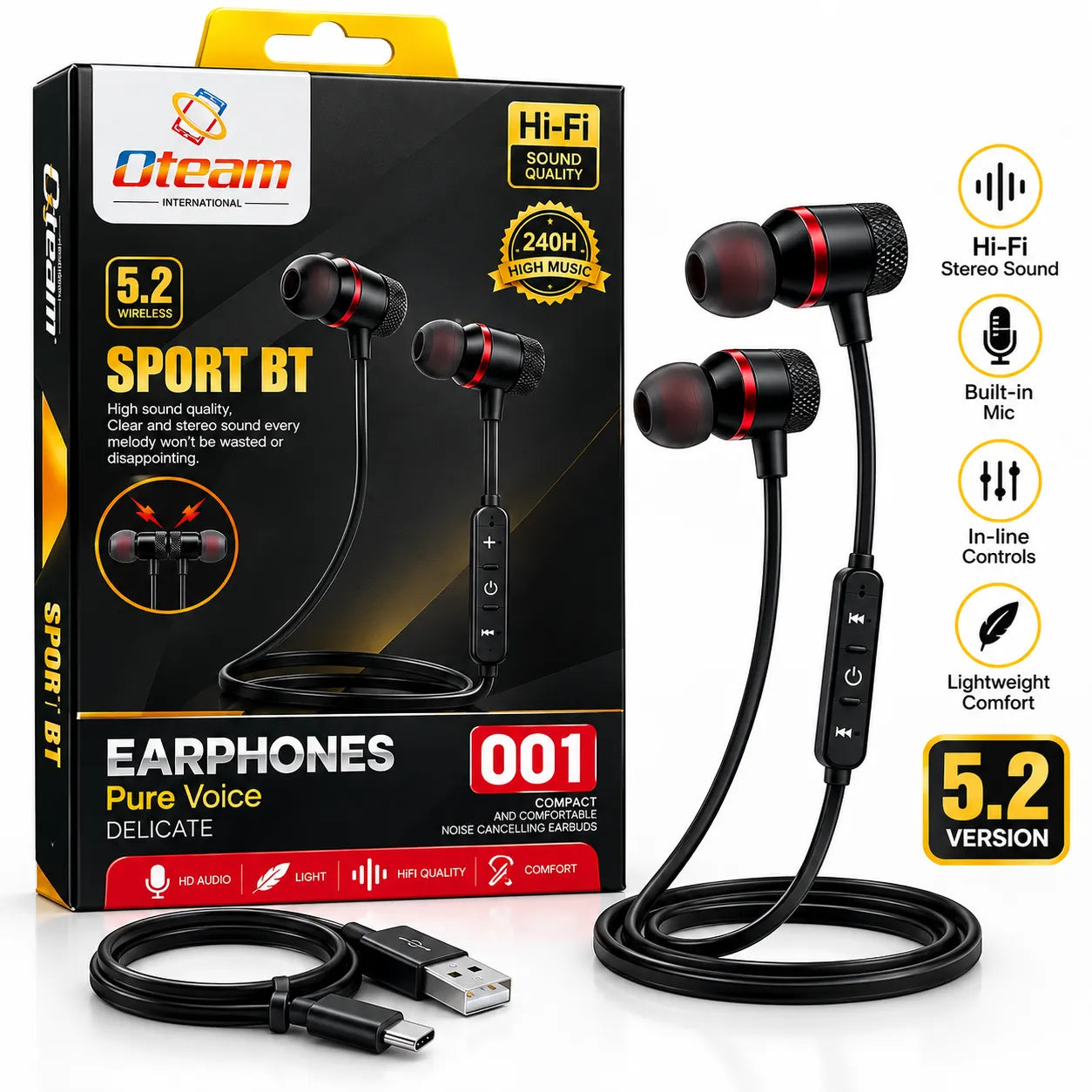 Oteam Sport BT 001 Wireless Bluetooth 5.2 Earphones Hi-Fi Stereo Built-in Mic Pakistan