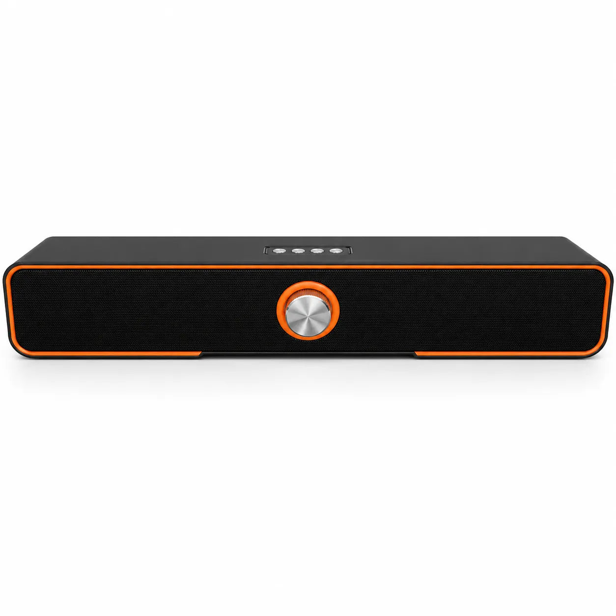 A black rectangular soundbar speaker with a textured fabric grille, featuring a prominent silver control dial with an orange ring and an orange accent trim, shown on a white background.