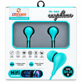 Oteam in-ear earphone retail packaging box, model SH-28. The white box features a clear window displaying two bright turquoise blue earphones, along with product feature icons and a larger illustration of the turquoise earphone on the front.