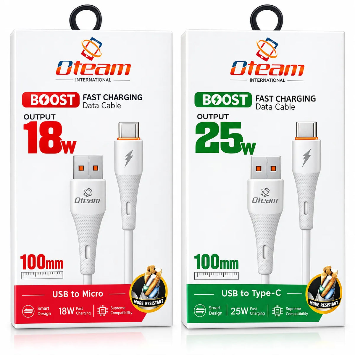 Oteam Boost 2 in 1 Fast Charging Cable Bundle 18W USB Micro 25W USB Type-C 100mm White