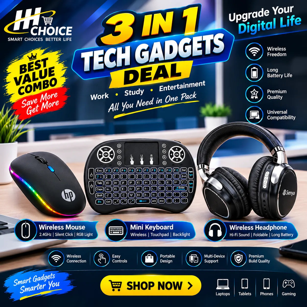 HH Choice 3 in 1 Tech Gadgets Deal HP Wireless RGB Mouse Mini Keyboard Senya Wireless Headphone Bundle