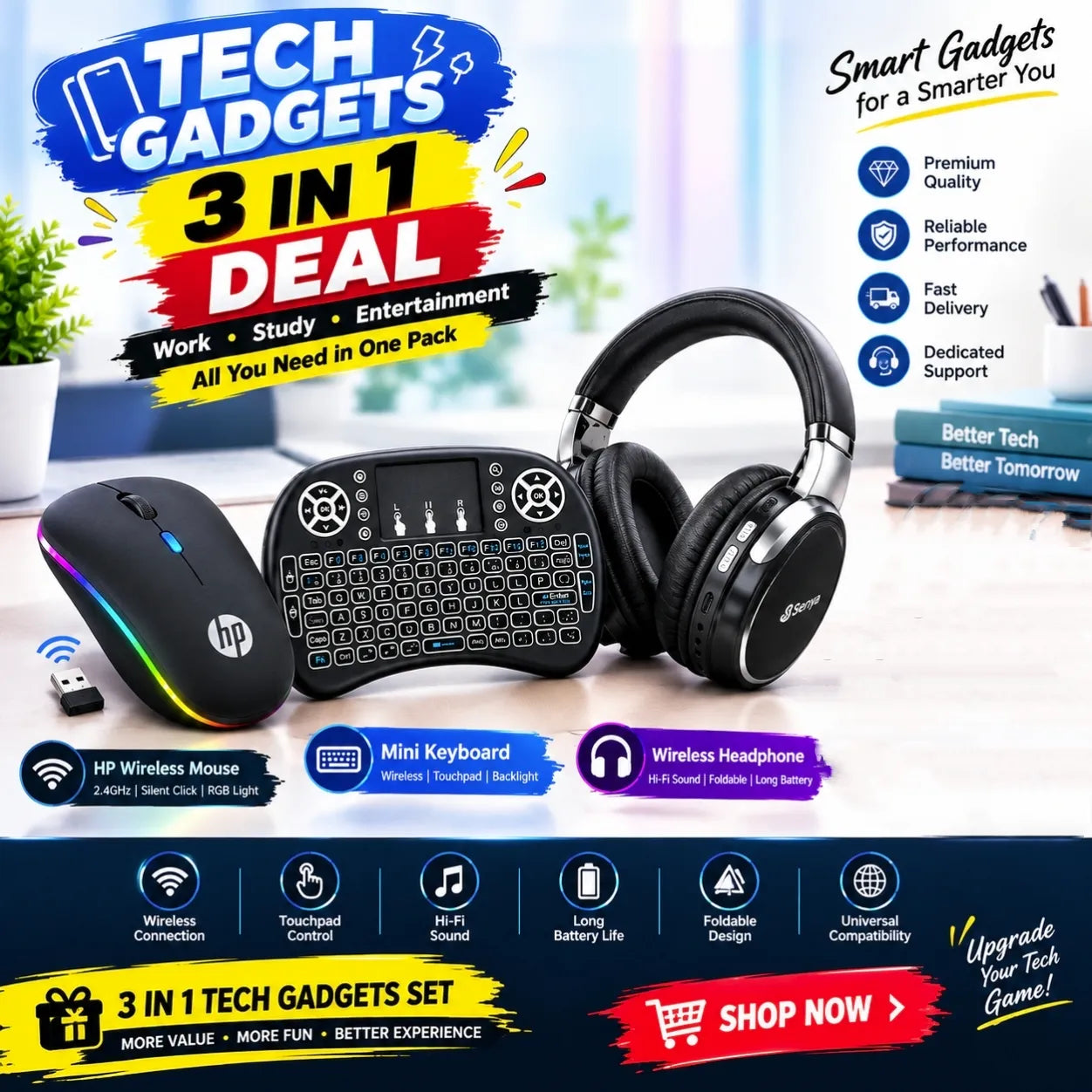 3 in 1 Tech Gadgets Deal Wireless Mouse Mini Keyboard Wireless Headphone Work Study Entertainment Pakistan