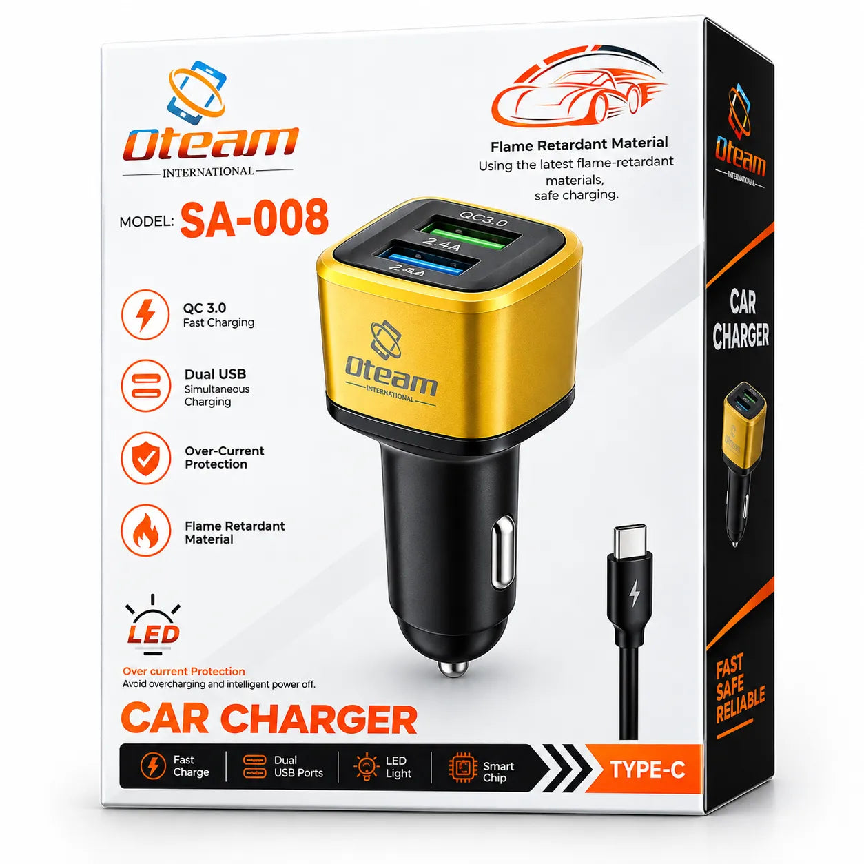 Oteam International SA-008 car charger in its retail packaging, featuring a yellow and black dual USB-C power bank design with a USB-C to USB-C cable shown next to the box.