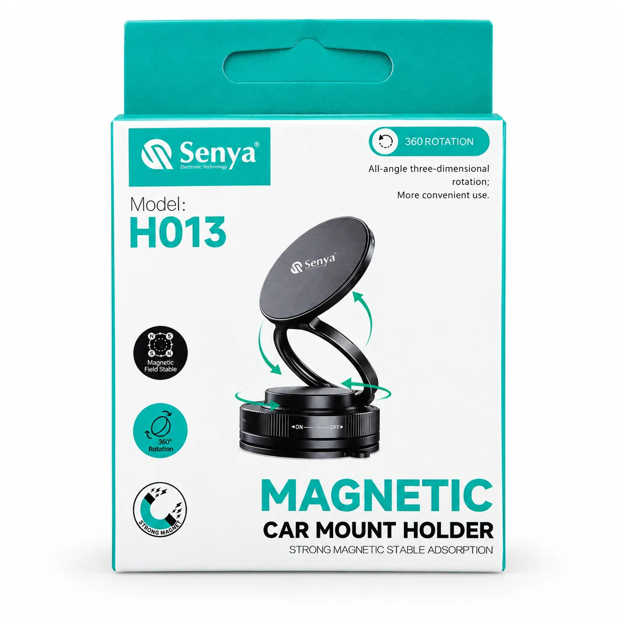 Senya H013 Magnetic Car Mount Holder retail packaging box, featuring a white and teal design with a graphic of the black magnetic mount.