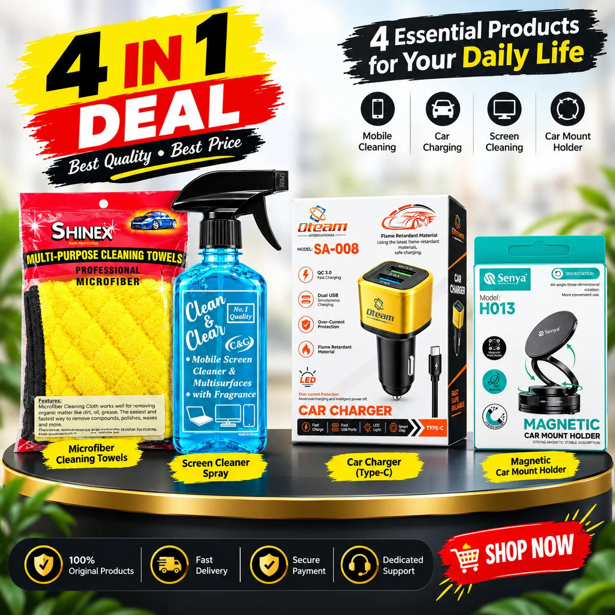 4 in 1 Car Gadgets Deal Bundle Microfiber Towel Screen Cleaner Car Charger Magnetic Holder