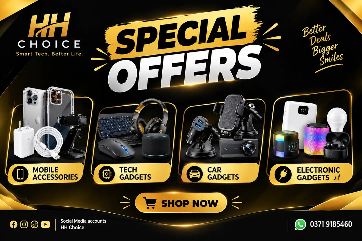 Promotional banner for HH Choice featuring 'SPECIAL OFFERS' with four categories of gadgets: Mobile Accessories, Tech Gadgets, Car Gadgets, and Electronic Gadgets. The banner has a black and gold background with 'SHOP NOW' and contact details at the bottom.