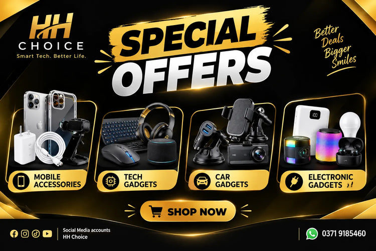 Promotional banner for HH Choice featuring 'SPECIAL OFFERS' with four categories of gadgets: Mobile Accessories, Tech Gadgets, Car Gadgets, and Electronic Gadgets. The banner has a black and gold background with 'SHOP NOW' and contact details at the bottom.