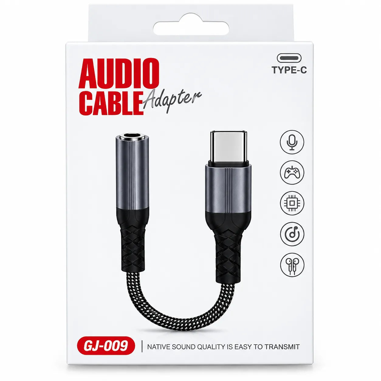 Audio cable adapter in its retail packaging, featuring a Type-C to 3.5mm jack adapter with a braided black and silver cable on a white box.