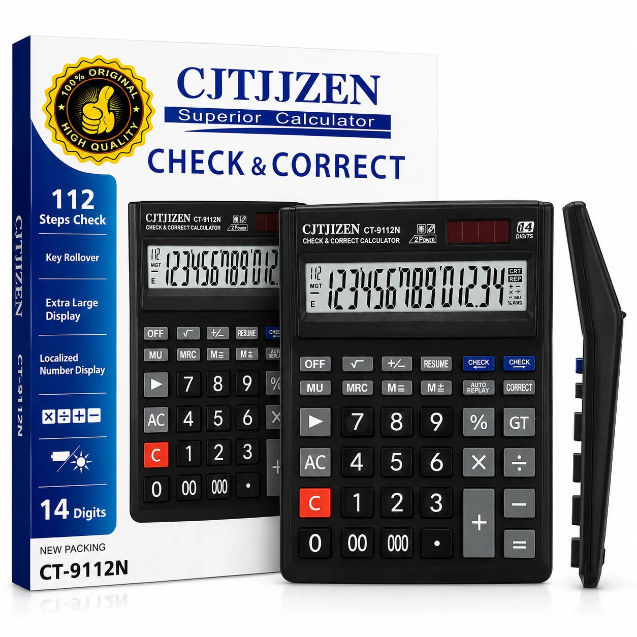 CJTIJZEN Check & Correct calculator shown with its retail box and a black handheld view of the same model on a clean white background.