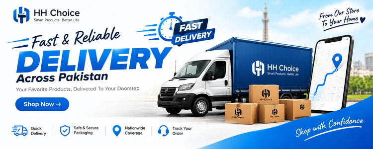Promotional banner for HH Choice fast and reliable delivery across Pakistan, featuring a blue and white delivery truck, several brown cardboard boxes, a smartphone showing a map app, and large text advertising quick delivery, safe packaging, nationwide coverage, and track your order.