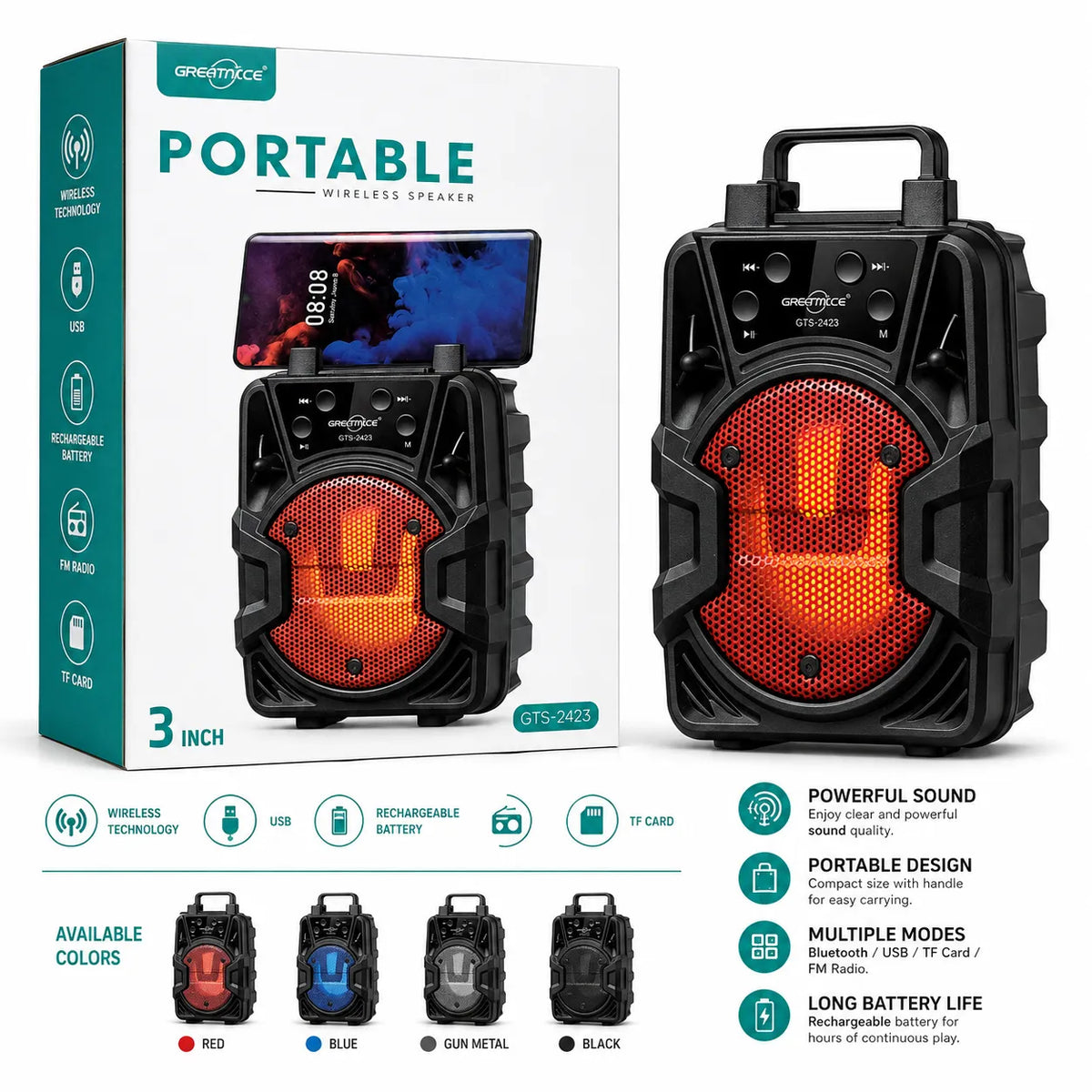A portable wireless speaker and its retail packaging box, shown on a clean white background with feature icons and color options below. The speaker is black with a glowing orange front grille and a phone mounted on top.