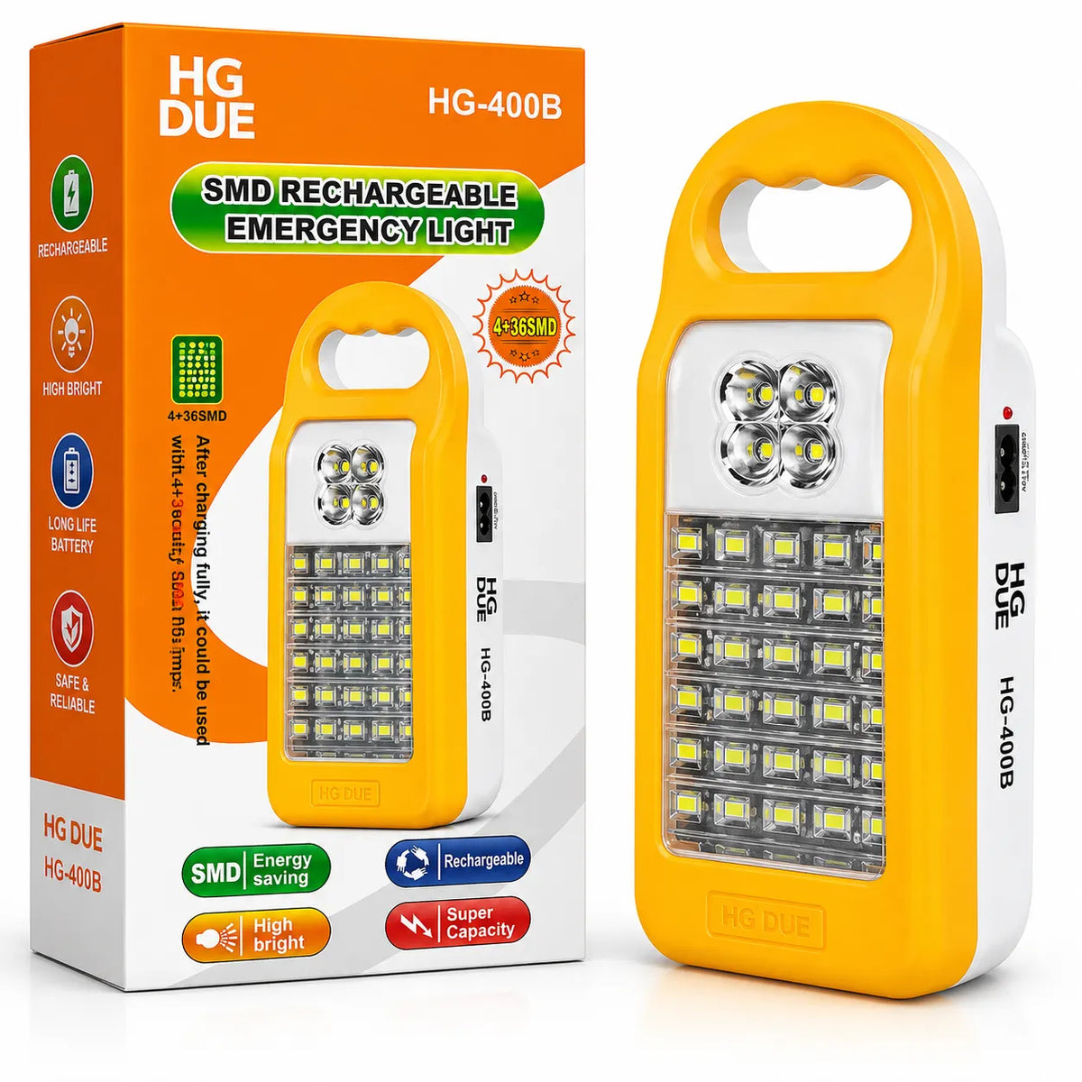Yellow and white HG Due H4-400B SMD rechargeable emergency lantern light shown next to its retail packaging box on a solid white background.