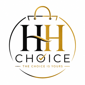A circular logo design featuring a shopping bag outline with a gold handle, large stylized letters 'HH' in black and gold, the word 'CHOICE' in black with a gold checkmark in the 'O', and the tagline 'THE CHOICE IS YOURS' on a white background.