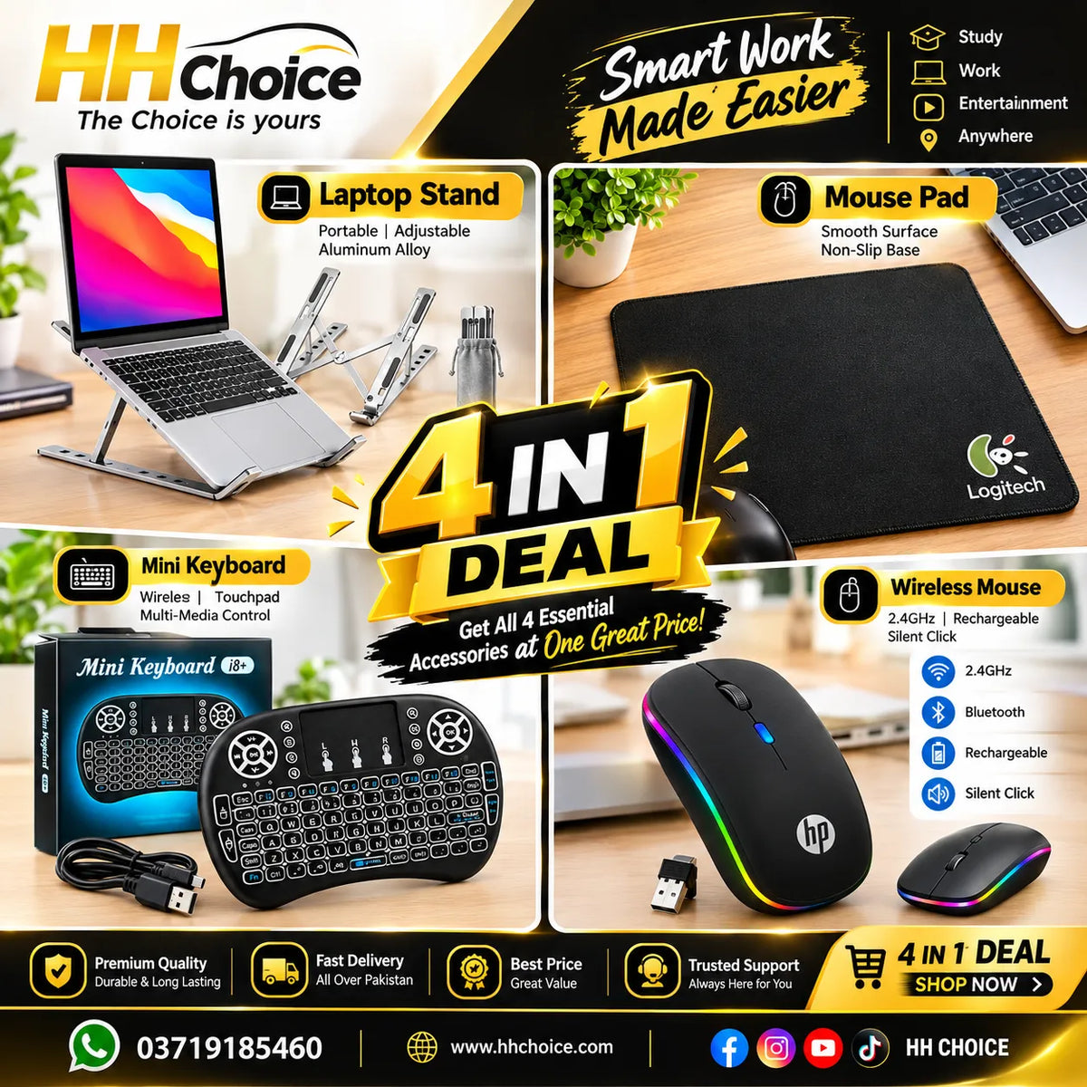4 in 1 Tech Gadgets Deal – Laptop Stand + Mouse Pad + Mini Keyboard + Wireless Mouse
