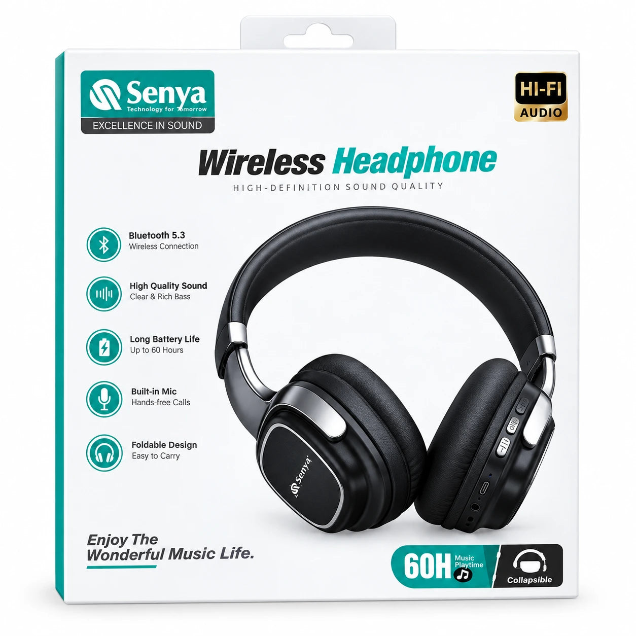 Senya wireless over-ear headphones in their retail packaging, featuring a white box with teal accents, product specifications on the left, and a graphic of the black and silver headphones on the right.