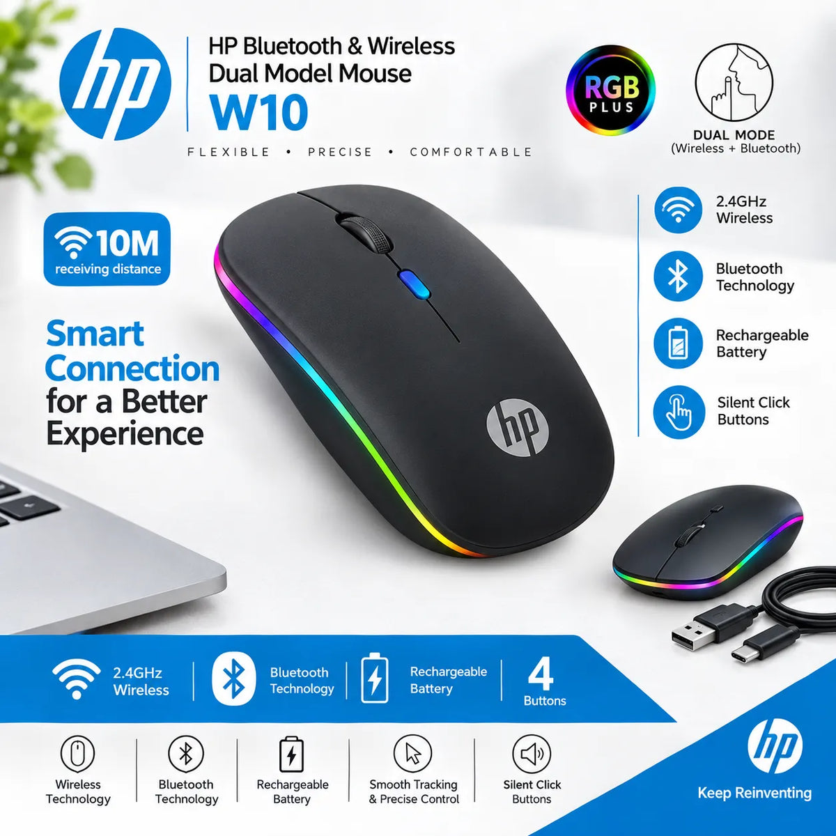 HP W10 Dual Mode Wireless Bluetooth Mouse RGB Silent Click Rechargeable Pakistan