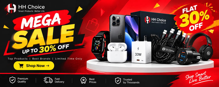 A promotional sale banner for HH Choice electronics, featuring a smartphone, smartwatch, earbuds in a charging case, power bank, cables, and headphones displayed on a white pedestal against a red and black graphic background with large text reading 'MEGA SALE UP TO 30% OFF' and 'FLAT 30% OFF'.
