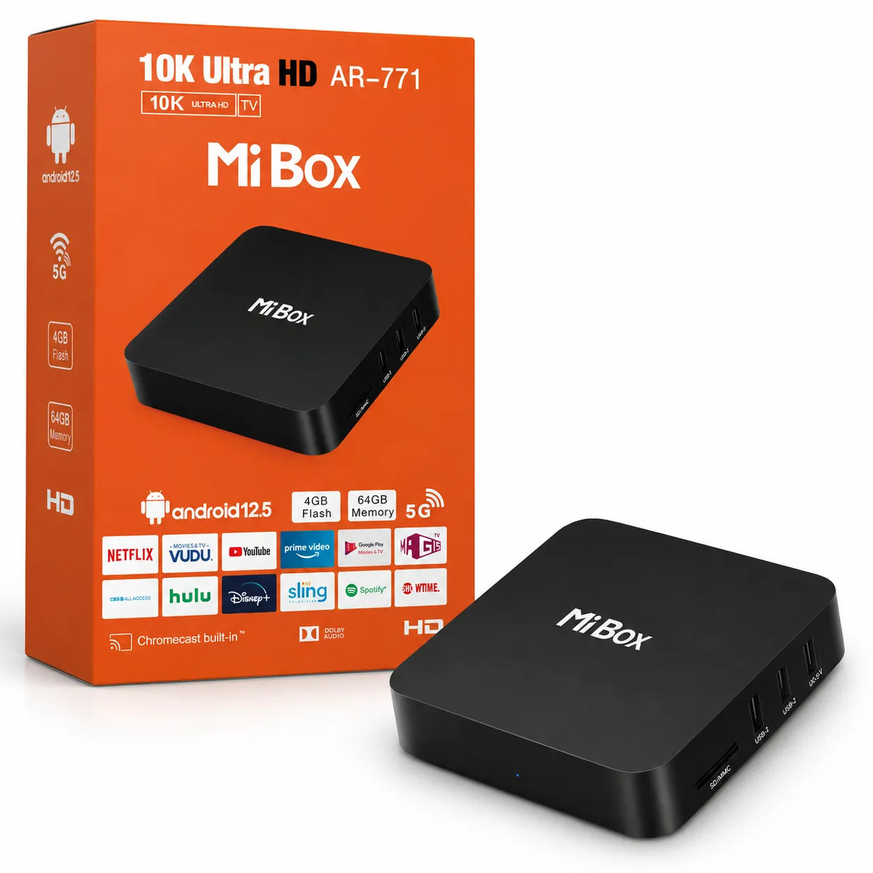 A black Mi Box 10K Ultra HD streaming box shown next to its orange retail box on a white background. The Mi Box features a matte black finish with white 'Mi Box' branding on top, and the packaging displays various streaming service logos and technical specifications.