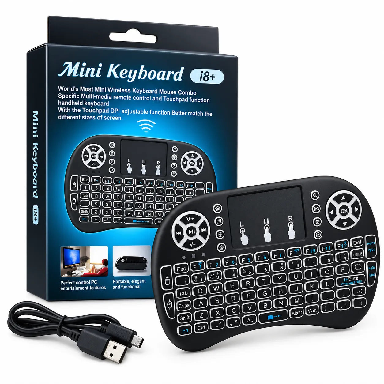 i8+ Mini Wireless Keyboard with Touchpad and Multimedia Remote Control