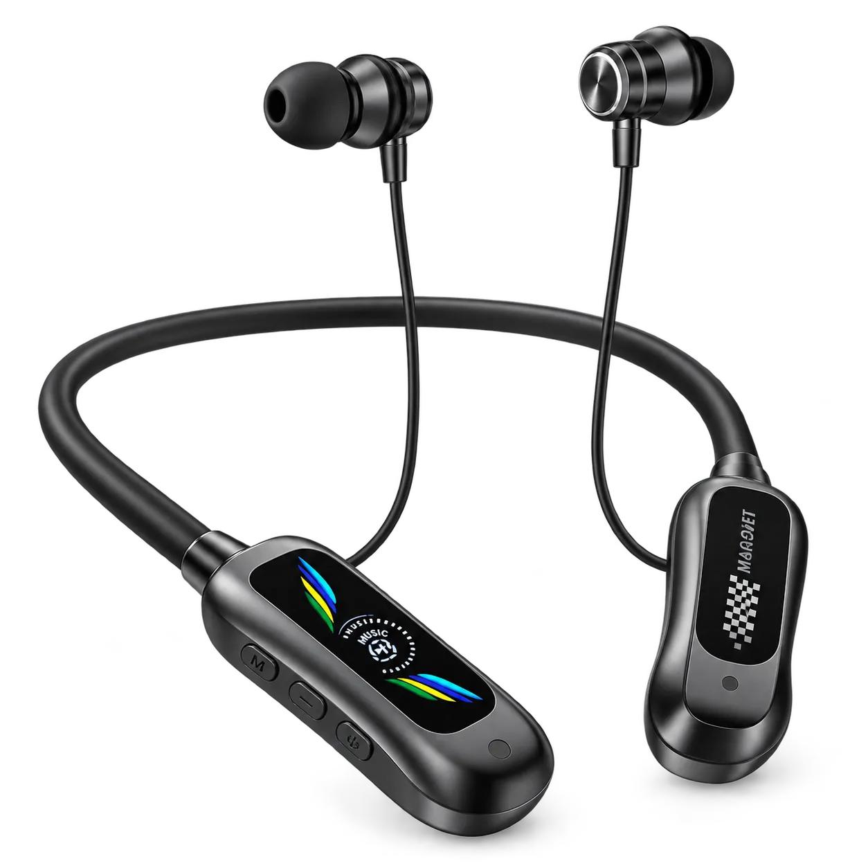 Black magnetic wireless neckband earphones with in-ear tips, shown on a clean white background. The left earphone is angled upward, and the right earphone is angled downward.