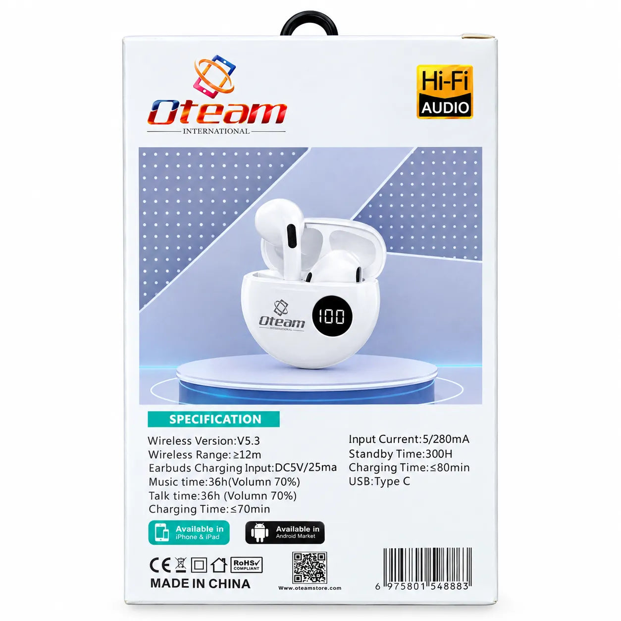 Oteam-1 TWS Earbuds – Specifications & Back Packaging