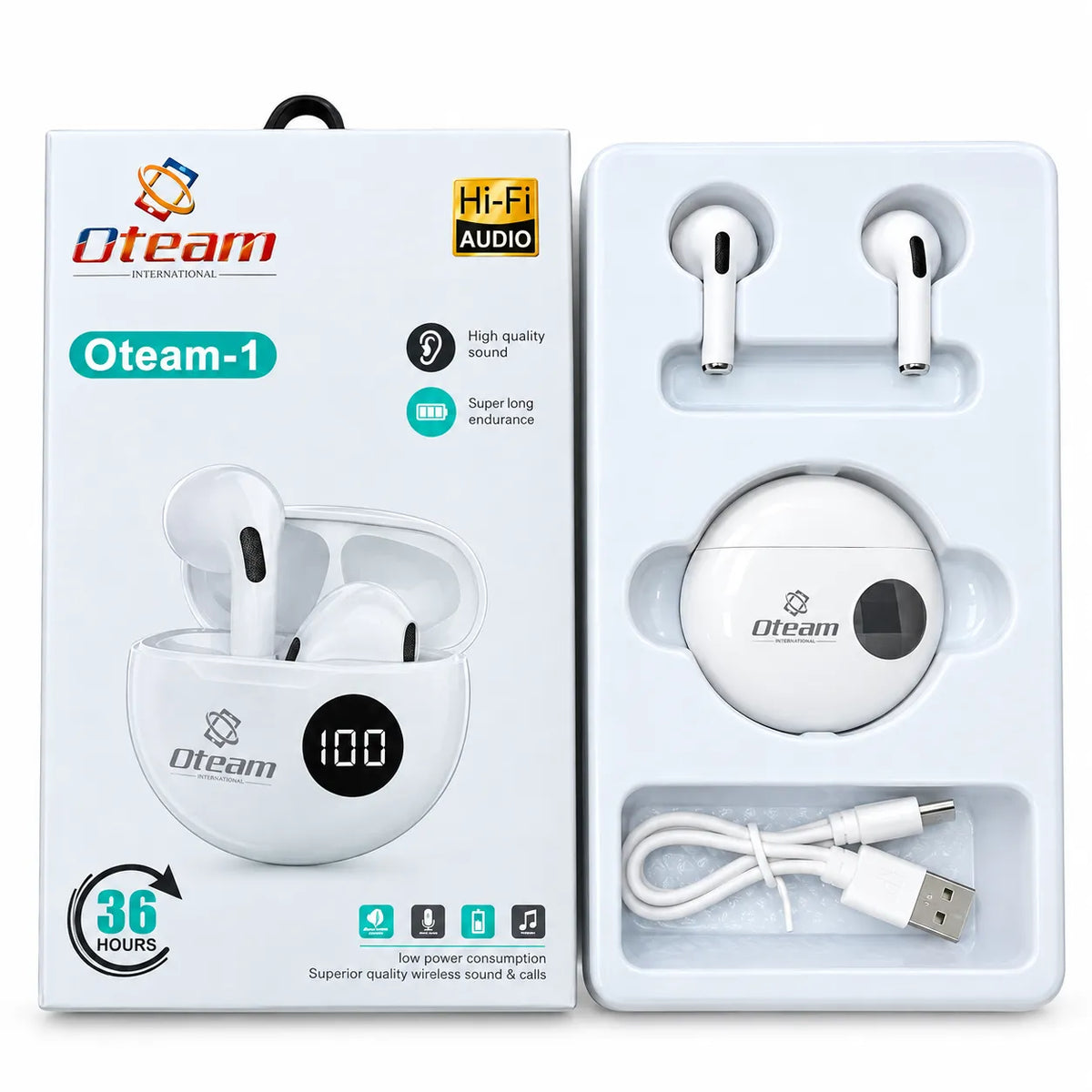 Oteam-1 Hi-Fi TWS Earbuds – Box Contents & Charging Case with LED Display