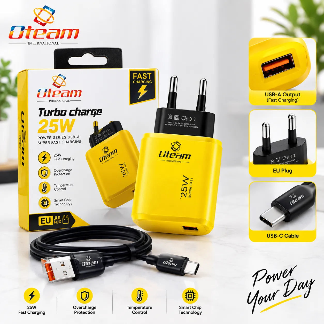 Oteam 25W Turbo Charge Super Fast Charger USB-A with USB-C Cable EU Plug Pakistan