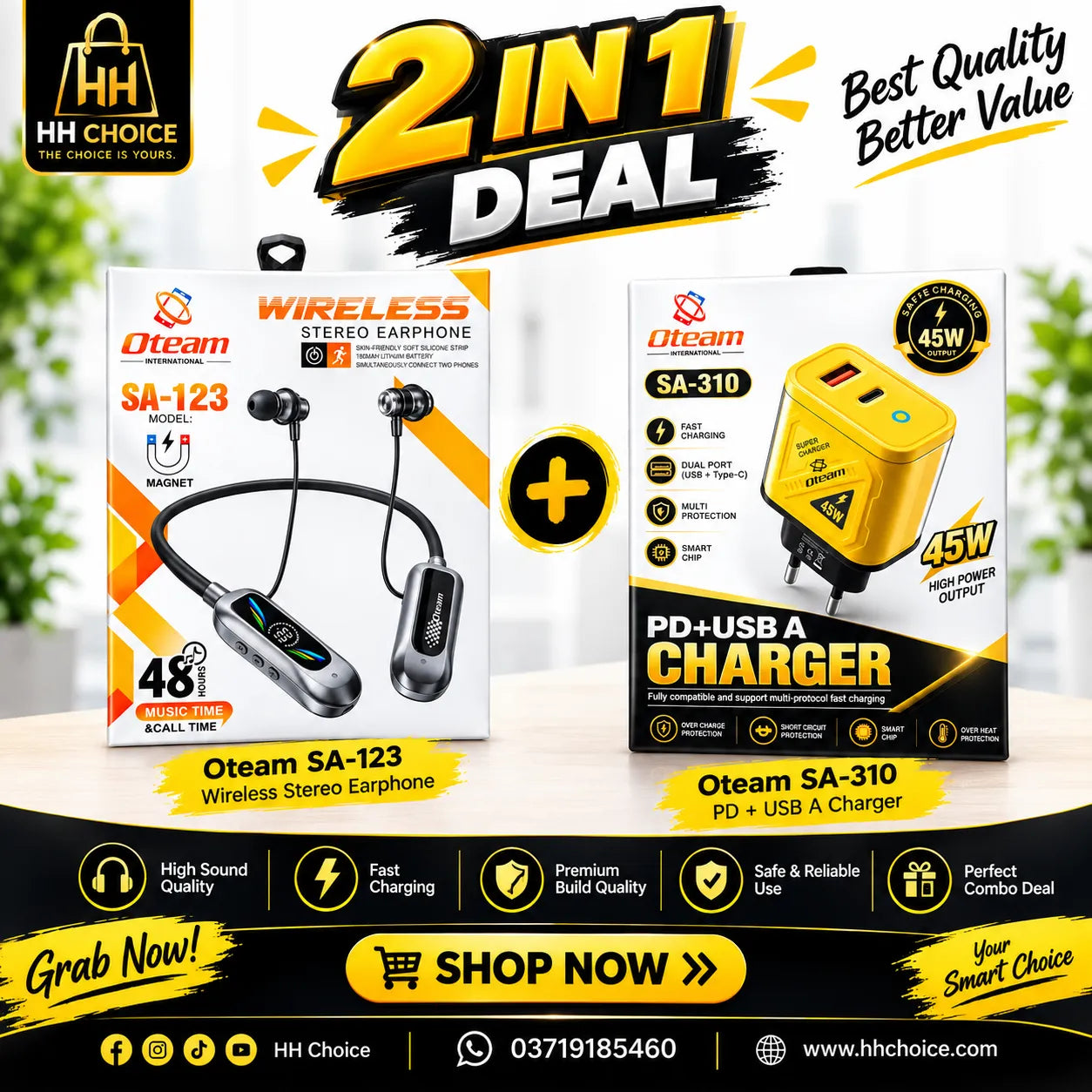 Oteam 2 in 1 Deal SA-123 Wireless Stereo Earphone 48hrs + SA-310 45W PD USB-A Fast Charger Bundle HH Choice Pakistan
