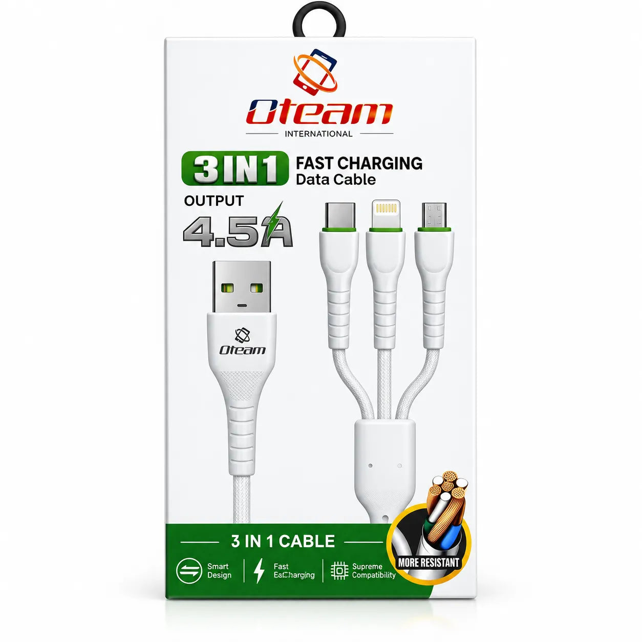 Oteam 3 in 1 Fast Charging Data Cable 4.5A USB-C Lightning Micro USB White