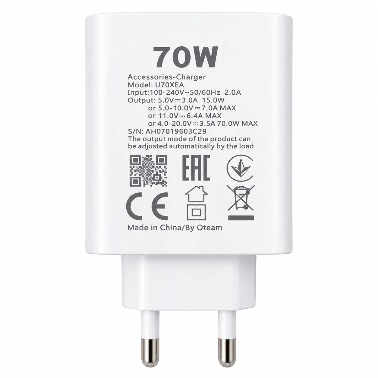 Oteam 70W USB-A Fast Charger U70XEA EU Plug Front and Back View