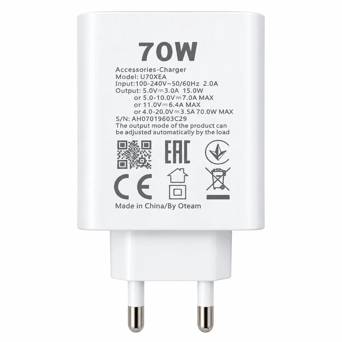 Oteam 70W USB-A Fast Charger U70XEA EU Plug Front and Back View