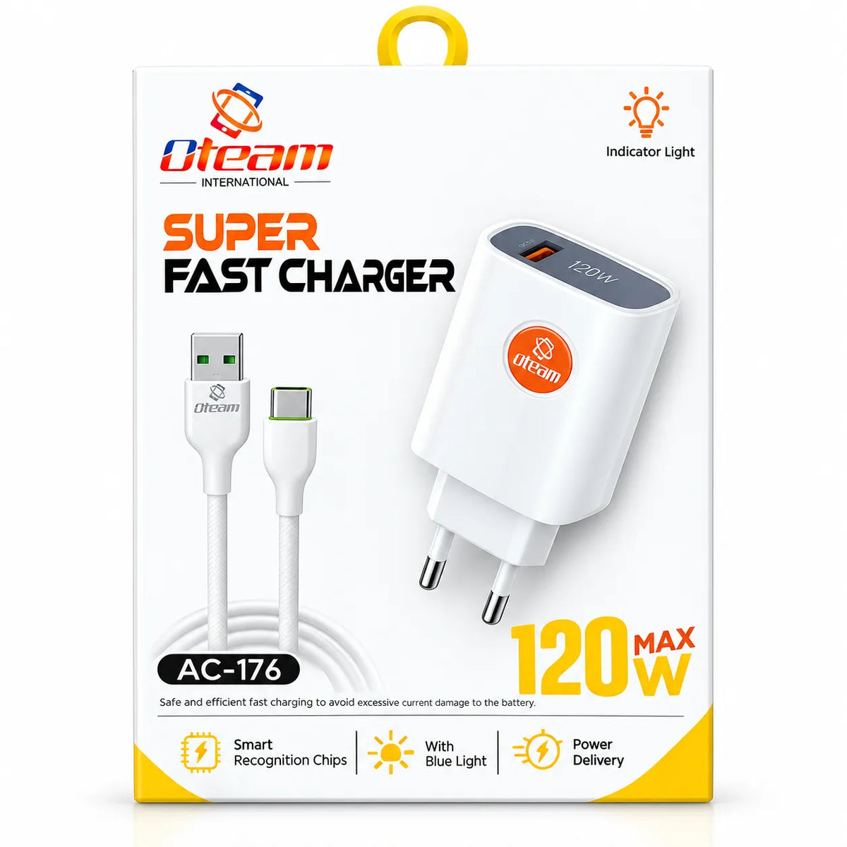 Oteam AC-176 120W Super Fast Charger USB-A to Type-C Cable Blue Light Power Delivery Box