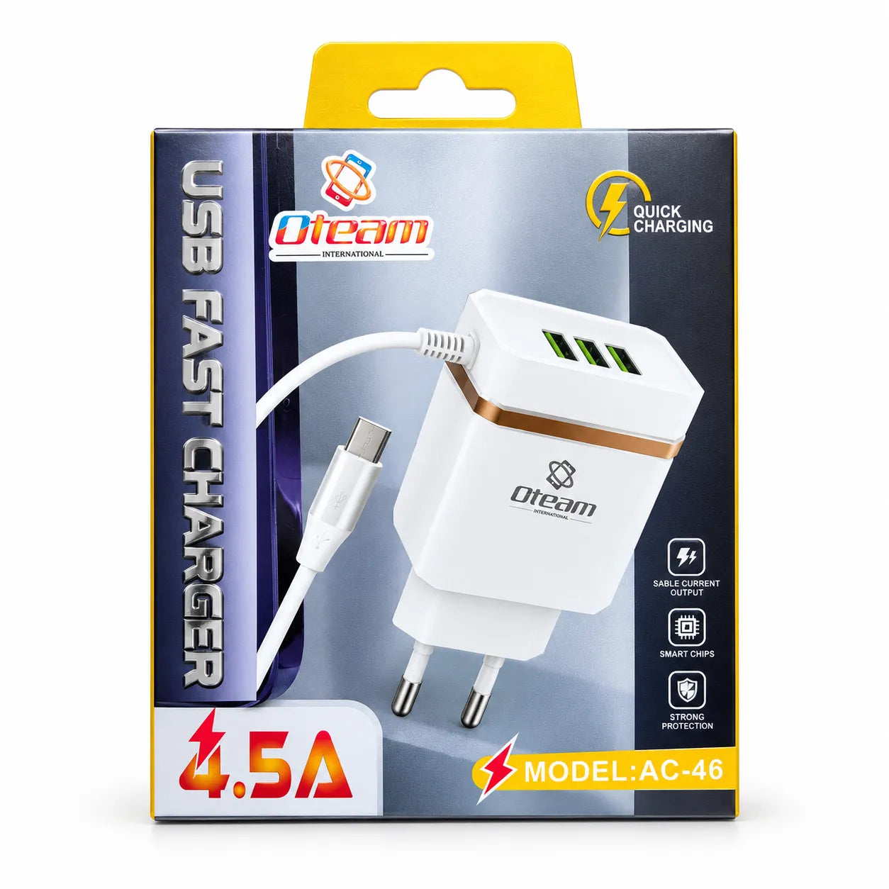 Oteam AC-46 4.5A Triple USB Fast Charger with Type-C cable – product packaging
