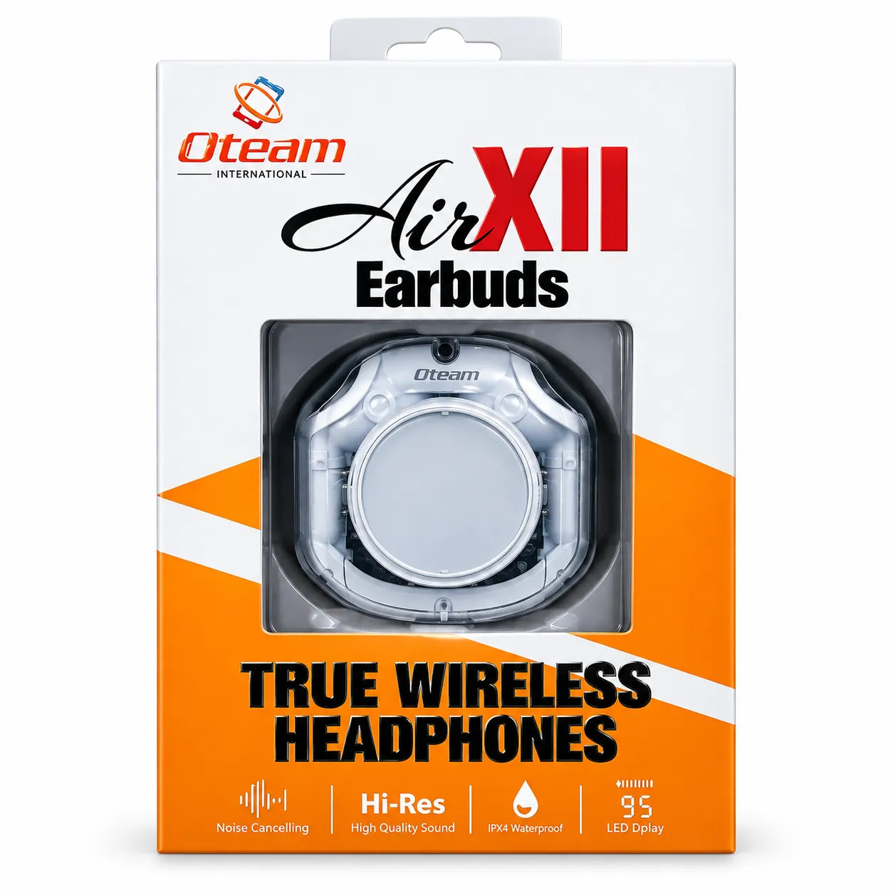 Oteam AirXII Earbuds in its original retail packaging, featuring a pair of silver wireless earbuds visible through a clear window on a white and orange box.