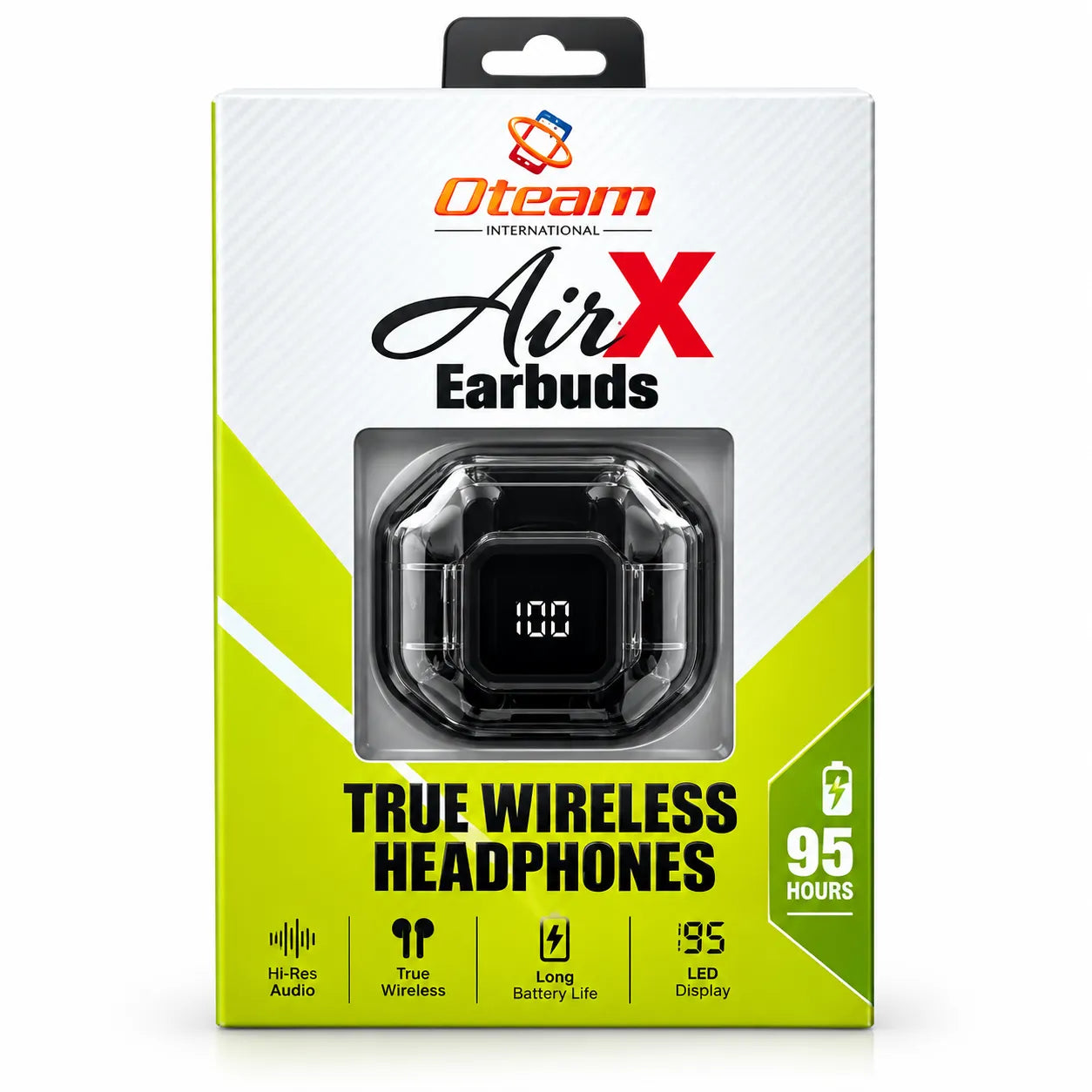 Oteam AirX True Wireless Earbuds with transparent LED charging case – product packaging