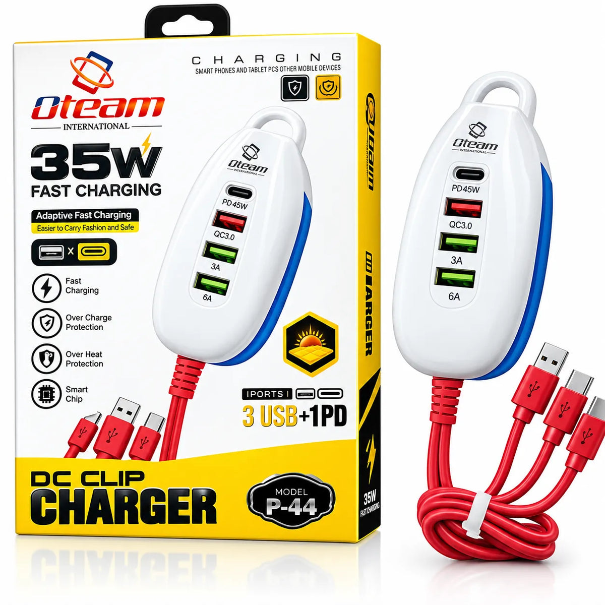 Oteam P-44 35W Fast Charger 3 USB 1 PD DC Clip Charger with Cable