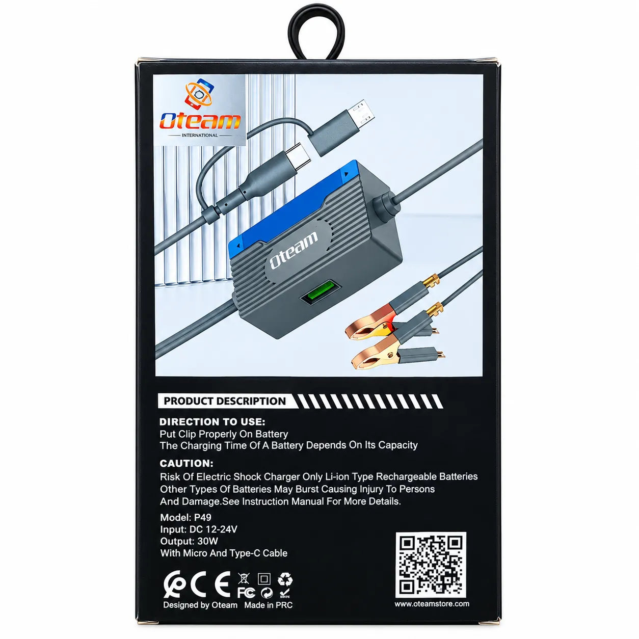Oteam P49 30W Car Battery Charger Specifications and Direction to Use Back