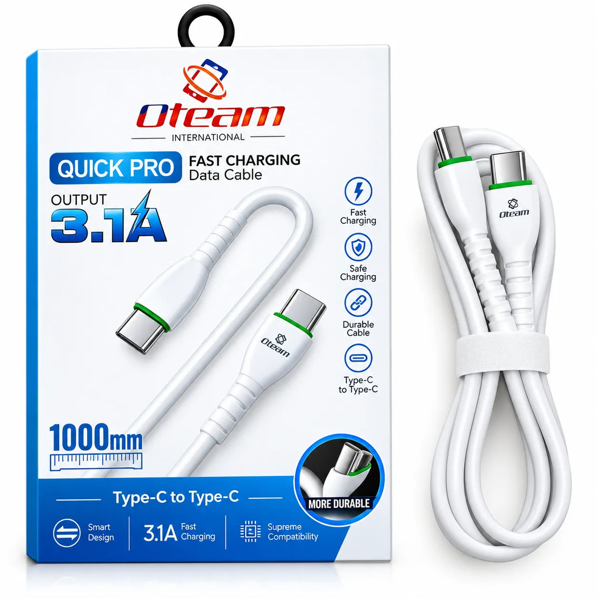 Oteam Quick Pro Type-C to Type-C Fast Charging Data Cable 3.1A 1000mm White
