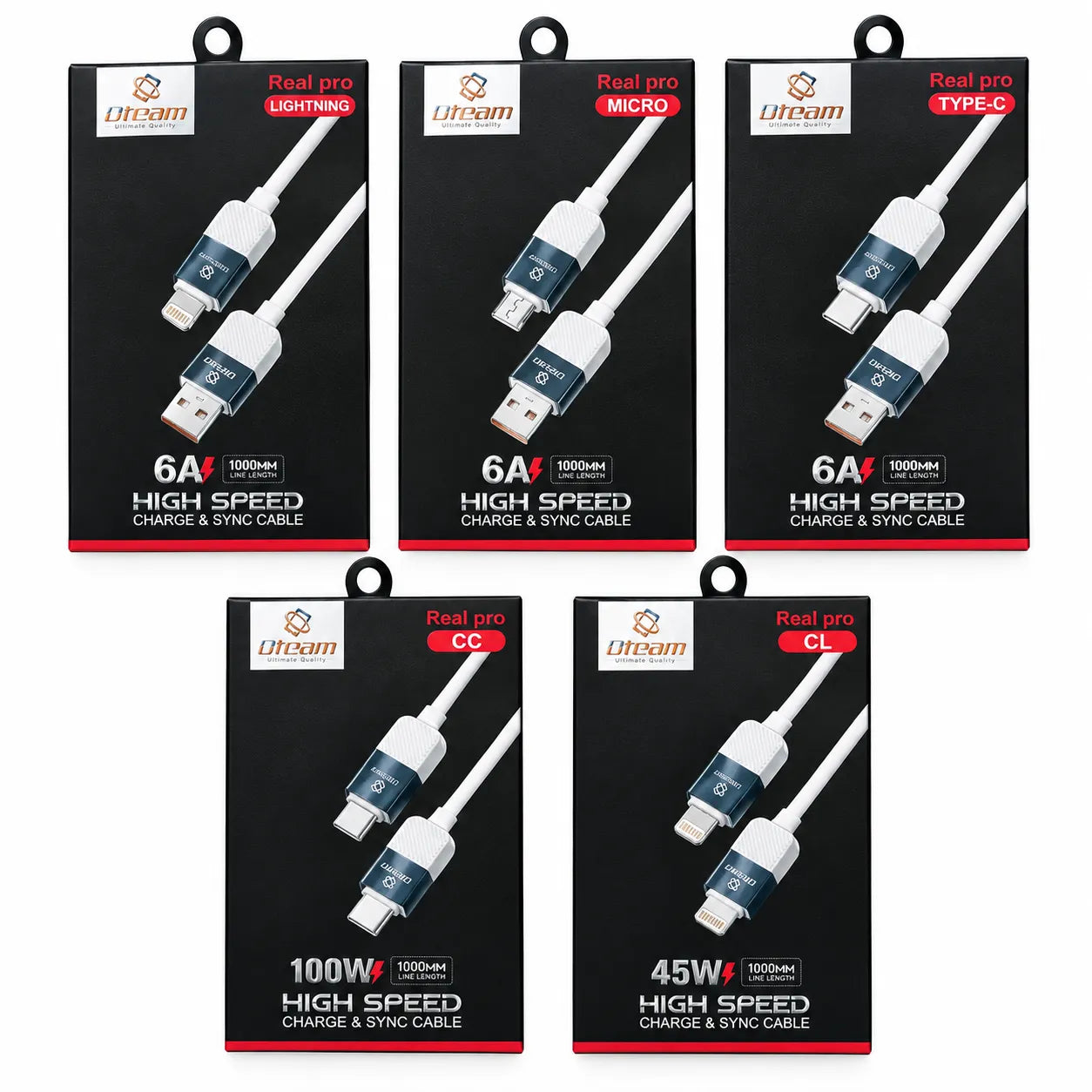 Oteam Real Pro 5 in 1 Cable Bundle Lightning Micro Type-C CC 100W CL 45W High Speed 1000mm