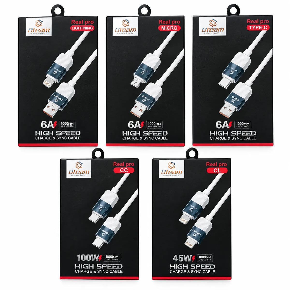 Oteam Real Pro 5 in 1 Cable Bundle Lightning Micro Type-C CC 100W CL 45W High Speed 1000mm
