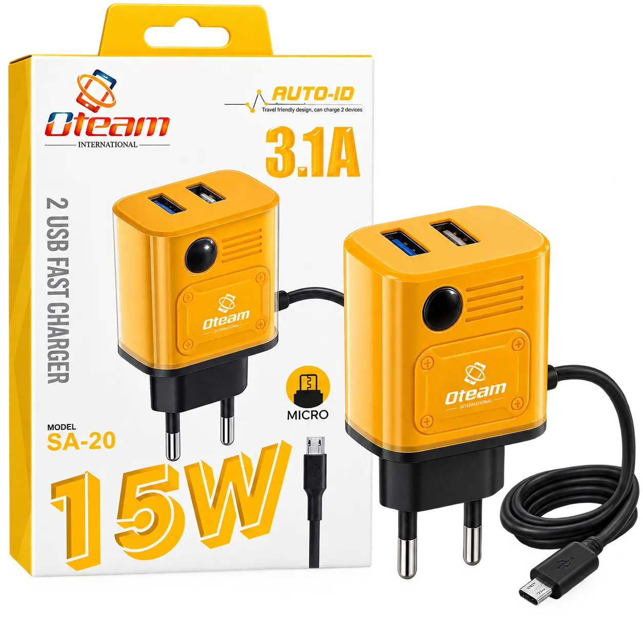 Oteam SA-20 15W Dual USB Fast Charger 3.1A Auto-ID Orange with Micro USB Cable Box