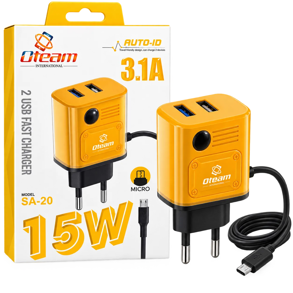 Oteam SA-20 15W Dual USB Fast Charger 3.1A Auto-ID Orange with Micro USB Cable Box