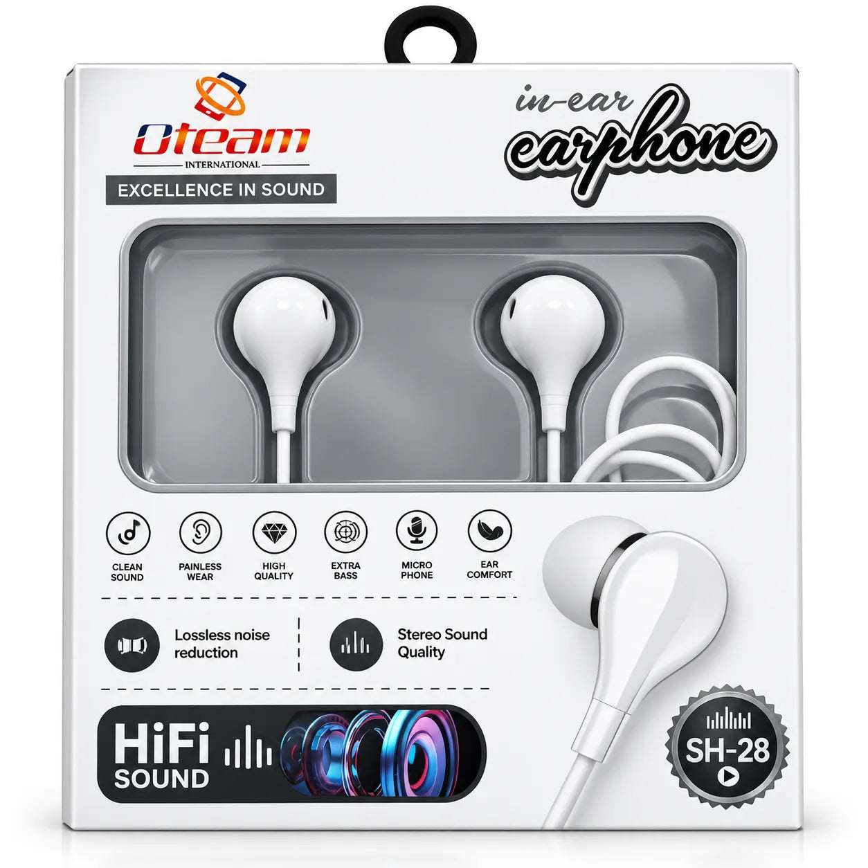 Oteam SH-28 HiFi In-Ear Earphone with Mic Extra Bass Stereo Sound White Box