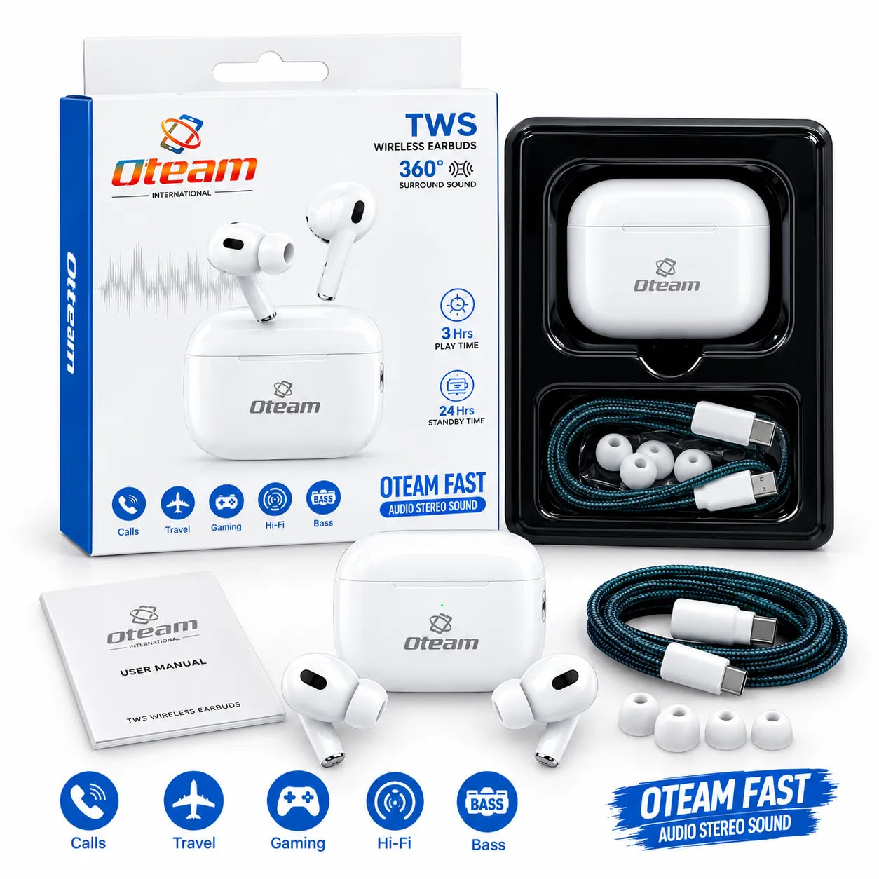 Oteam TWS Wireless Earbuds 360 Surround Sound Hi-Fi Bass Charging Case Pakistan